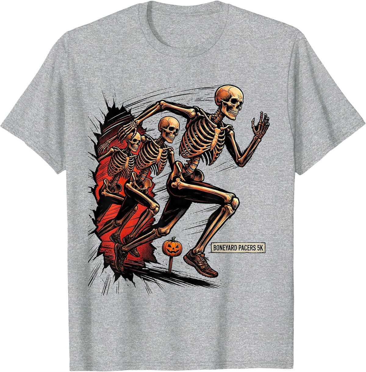 Men's Boneyard Pacers 5K Comic Book Skeleton Runner Halloween Fun T-Shirt - Heather Grey