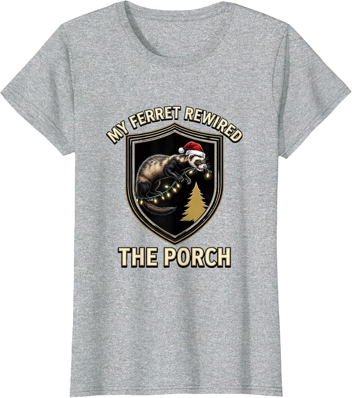 Women's My Ferret Rewired The Porch Funny Animal Christmas Lights T-Shirt - Heather Grey