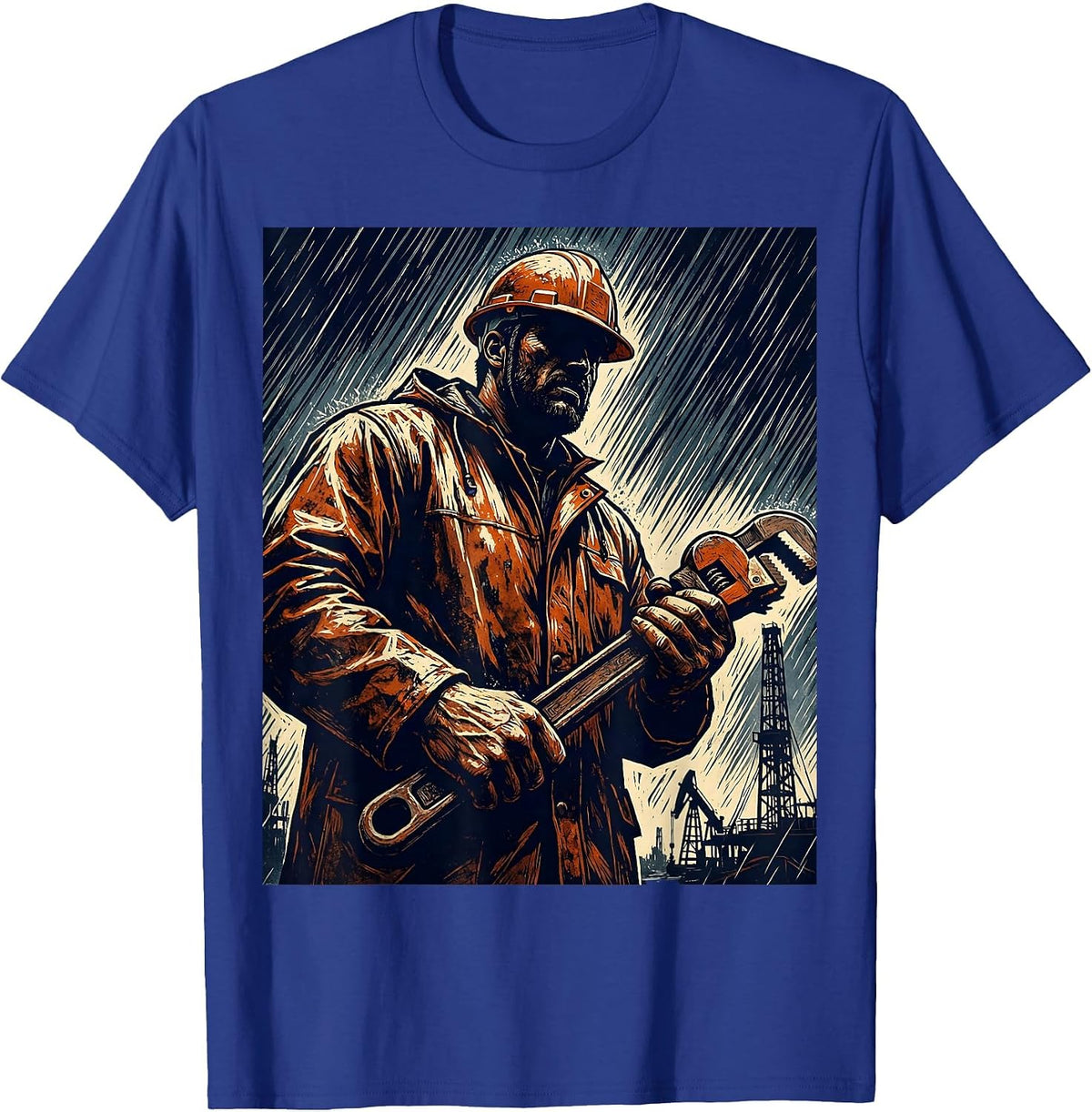 Oil Rig Worker in Hard Rain Graphic Tee T-Shirt - Royal Blue