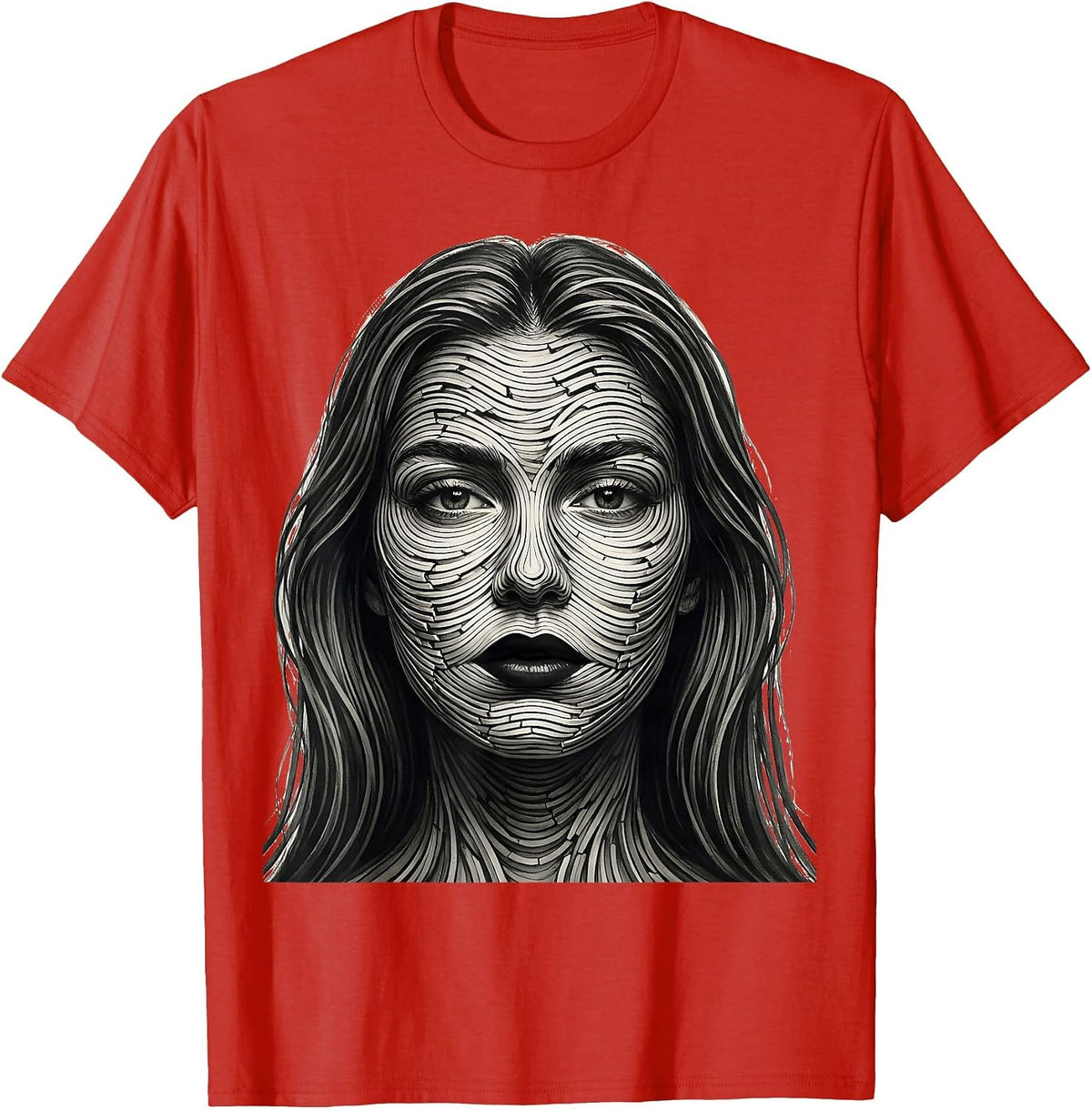 Men's Female Face Line Art Abstract Fashion Designer Graphic T-Shirt - Red