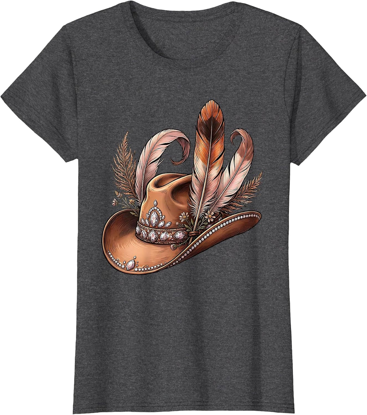 Women's Rhinestone Cowboy Hat with Feathers Graphic T-Shirt - Dark Heather Grey