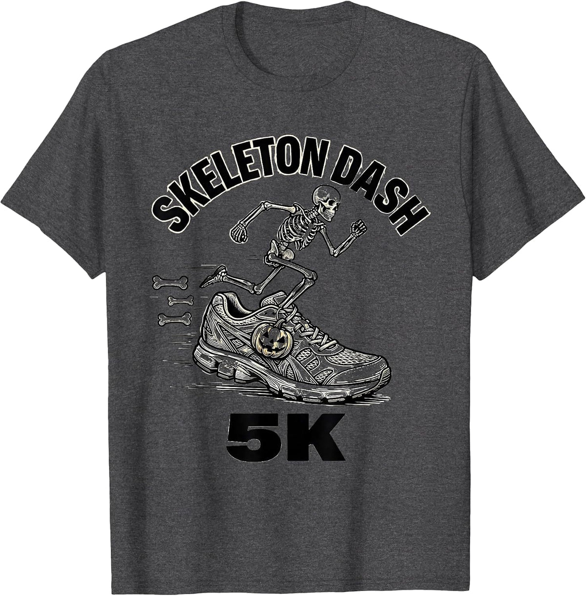 Skeleton Dash 5K Funny Halloween Running Costume Runner T-Shirt - Dark Heather Grey