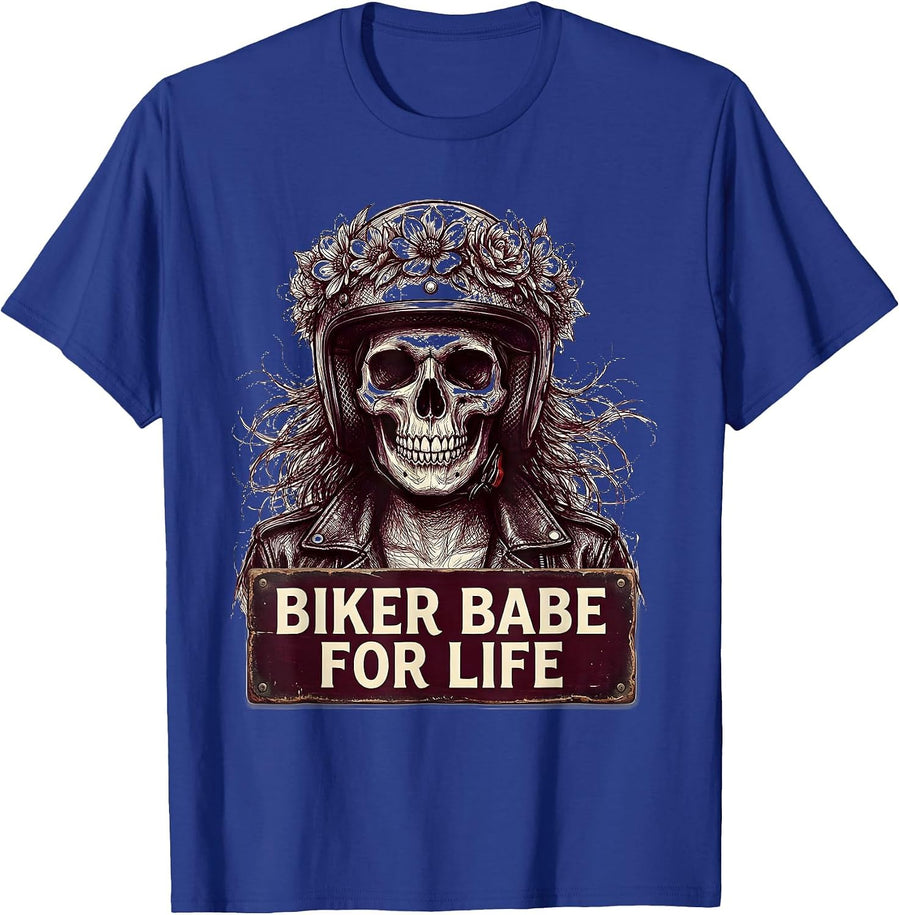 Biker Babe For Life Bold Motorcycle Design T-Shirt - Royal Blue