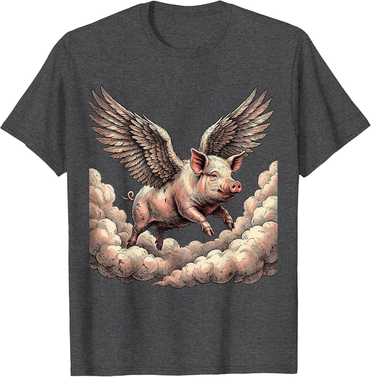 Winged Pig Flying Through the Clouds T-Shirt - Dark Heather Grey