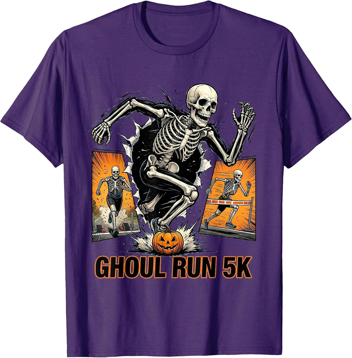 Men's Ghoul Run 5K Comic Book Skeleton Runner Halloween Fun Run T-Shirt - Purple