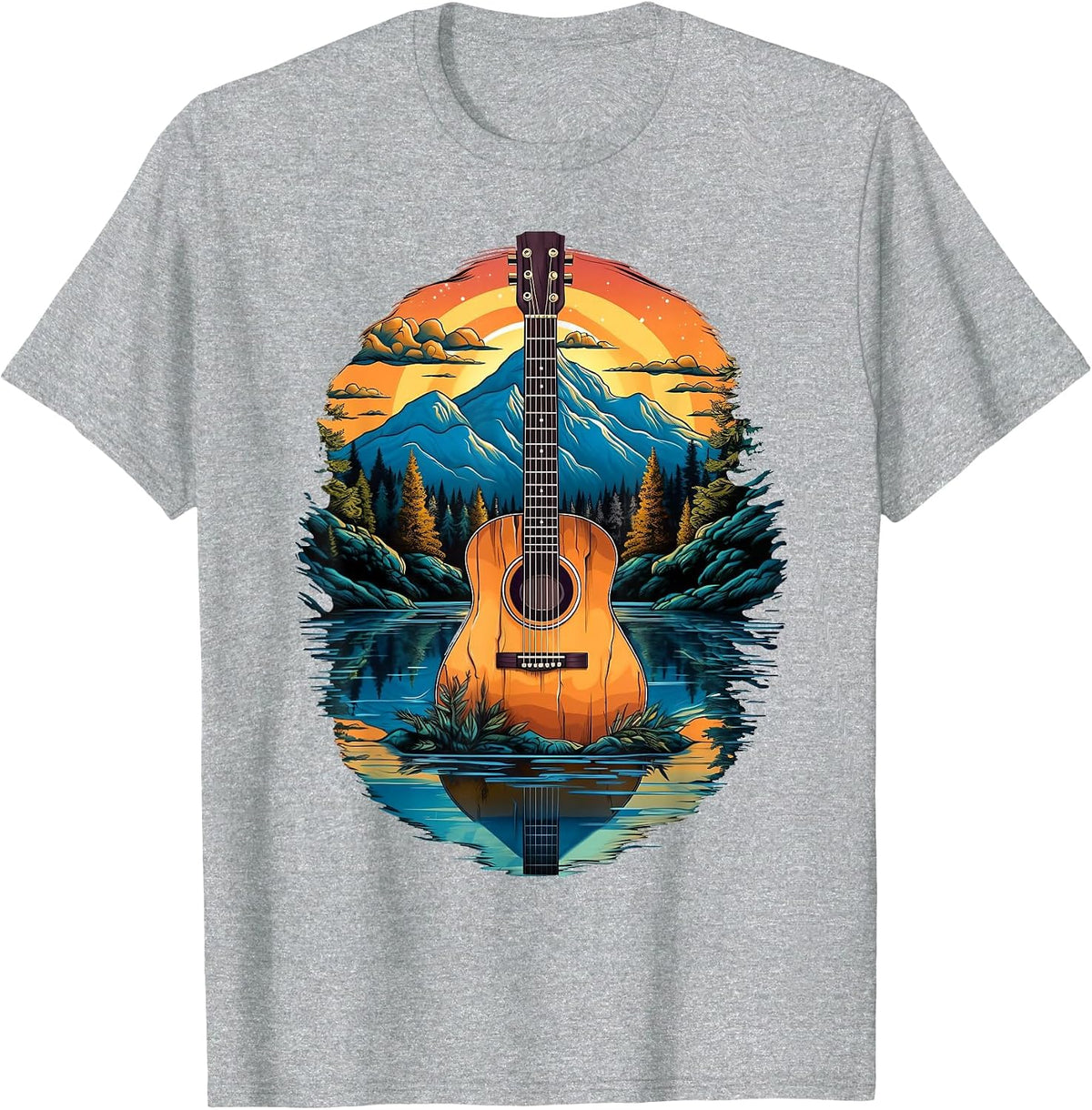 Acoustic Guitar Sunset By The Lake T-Shirt - Heather Grey
