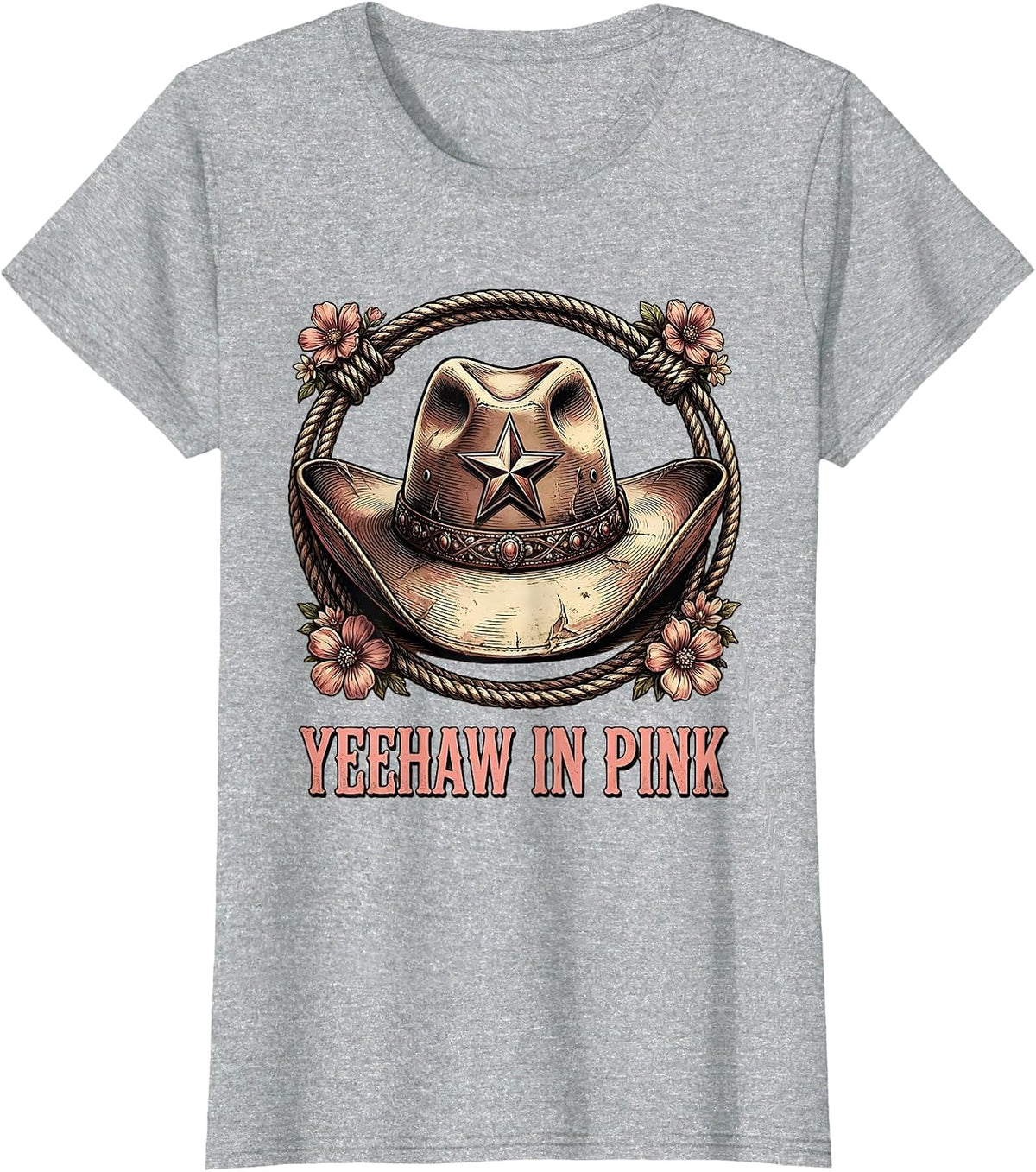 Yeehaw Pink Cowgirl Western Design T-Shirt - Heather Grey