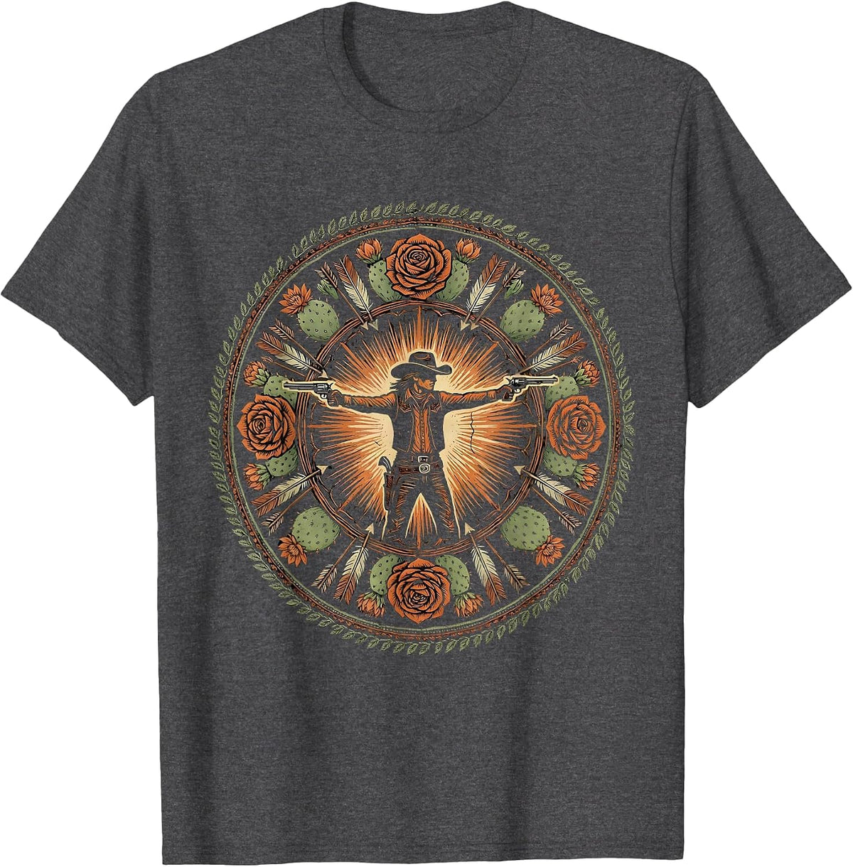 Cowgirl Desert Standoff Drawing Pistol Graphic T-Shirt - Dark Heather Grey