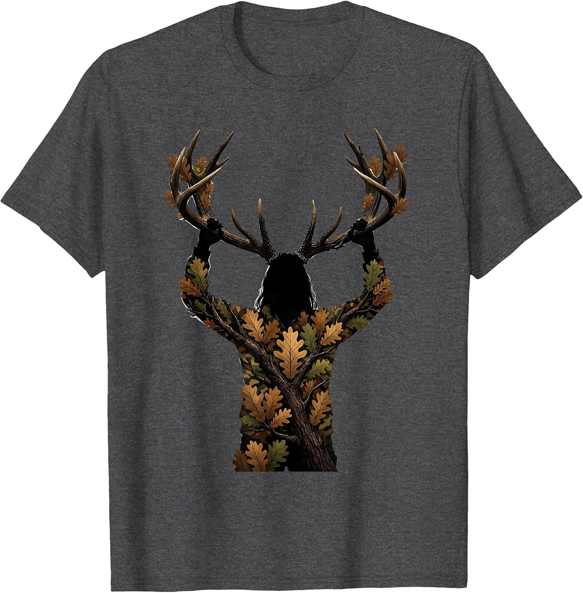 Men's Camo Deer Hunter Trophy Rack Hunting Illustration T-Shirt - Dark Heather Grey