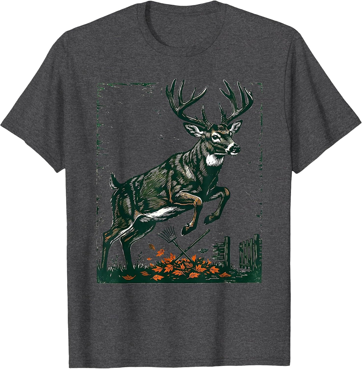 Men's Leaping Buck Silhouette Linocut Hunting Dad Gift T-Shirt - Dark Heather Grey