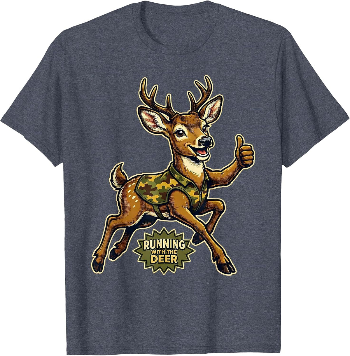Running with the Deer Camo Hunting Design T-Shirt - Heather Blue