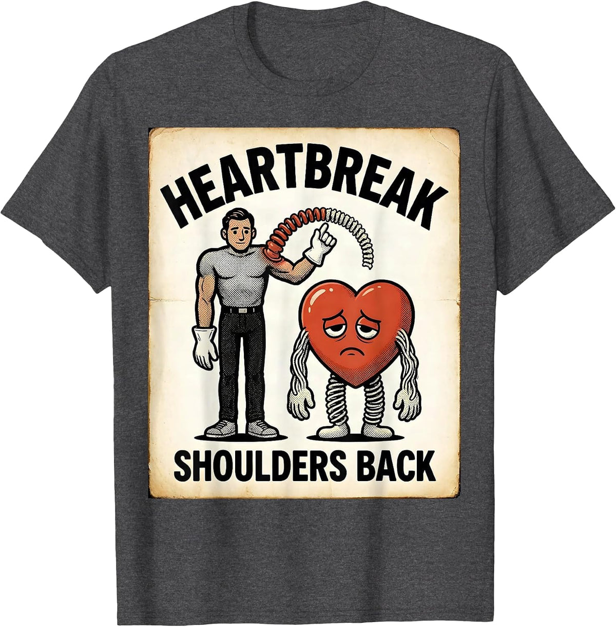 Men's Heartbreak Shoulders Back Retro Cartoon Physical Therapist T-Shirt - Dark Heather Grey