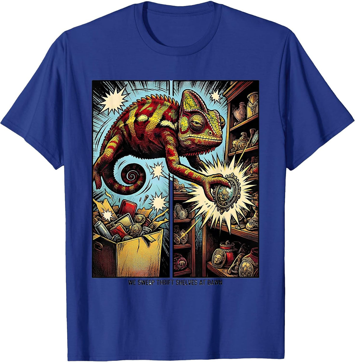 Men's We Sweep Thrift Shelves At Dawn Comic Book Vintage Thrift T-Shirt - Royal Blue