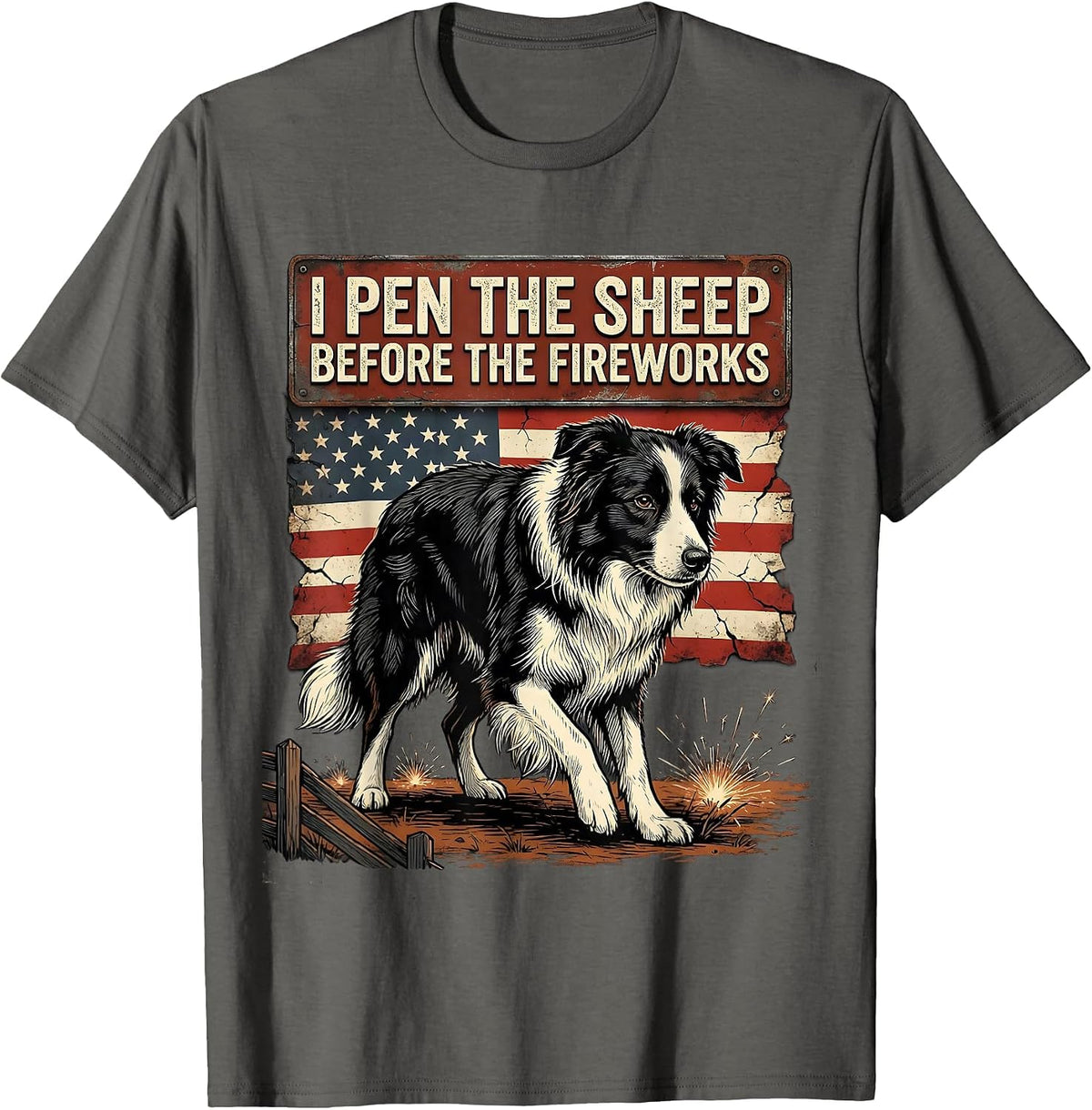 Men's I Pen The Sheep Before The Fireworks Distressed Border T-Shirt - Asphalt Grey