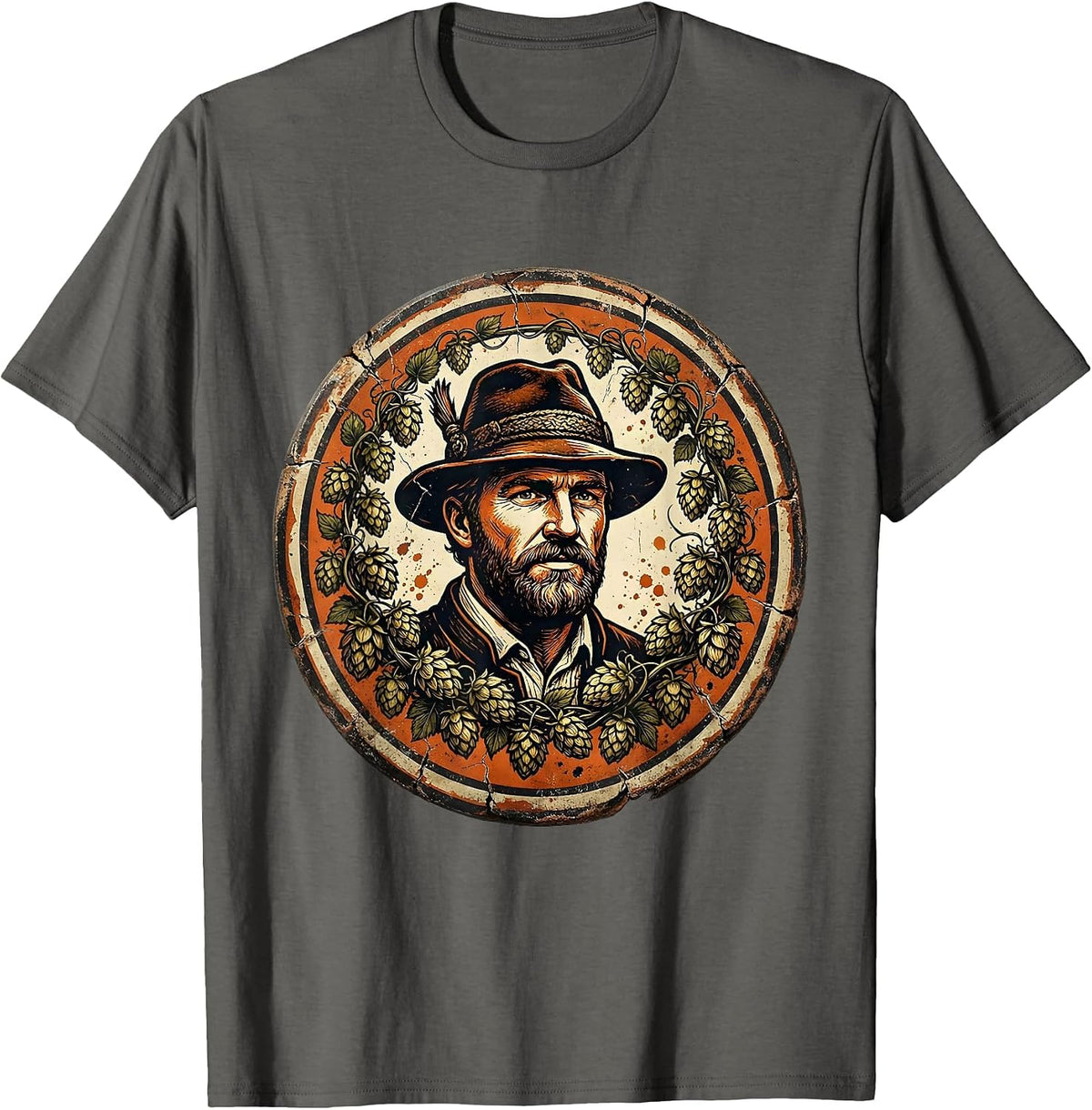 Oktoberfest Alpine Hat Hops Vines Illustration T-Shirt - Asphalt Grey