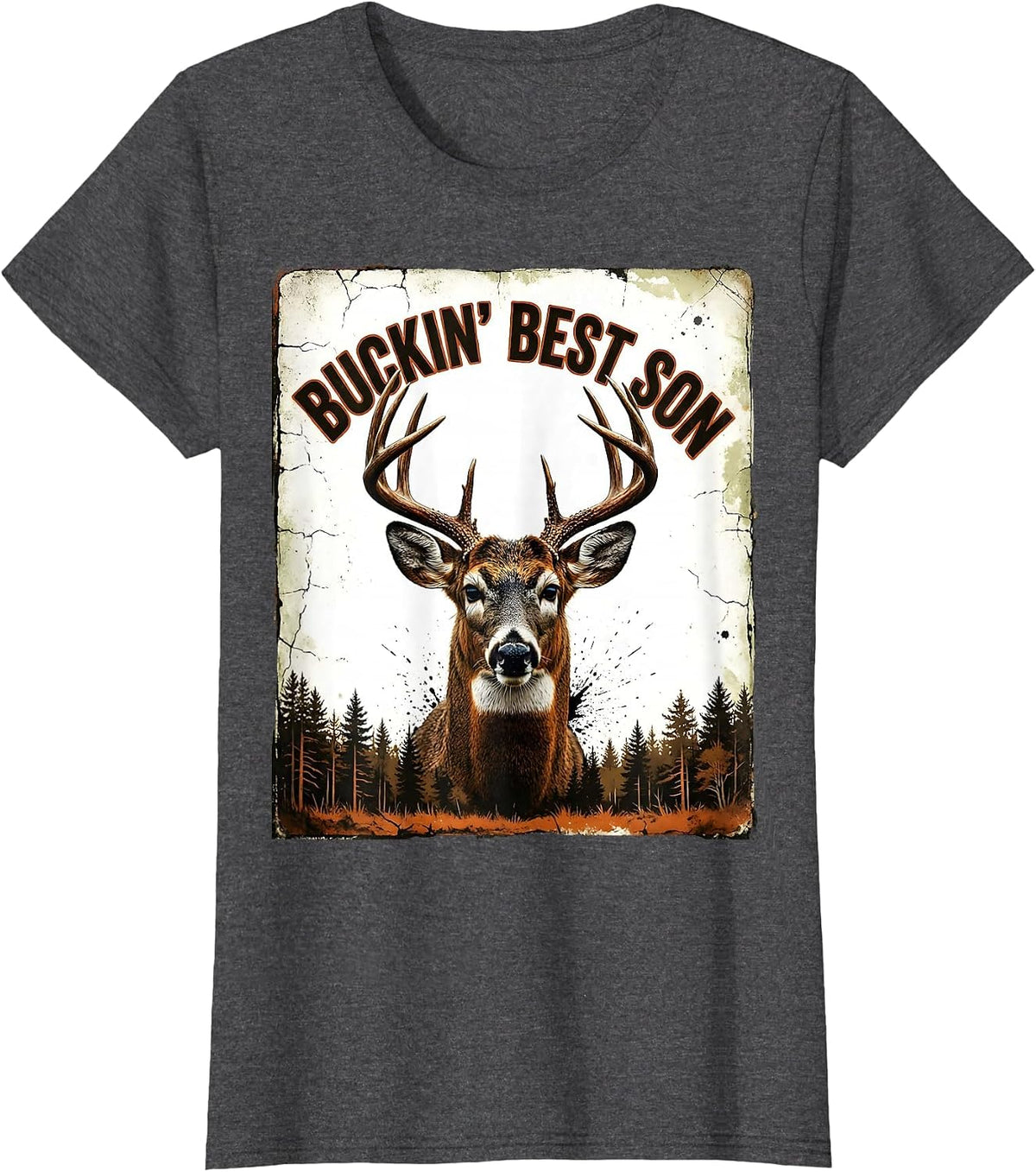 Women's Buckin Best Son Distressed Whitetail Buck Deer Hunting Dad T-Shirt - Dark Heather Grey