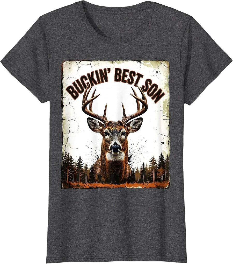 Women's Buckin Best Son Distressed Whitetail Buck Deer Hunting Dad T-Shirt - Dark Heather Grey