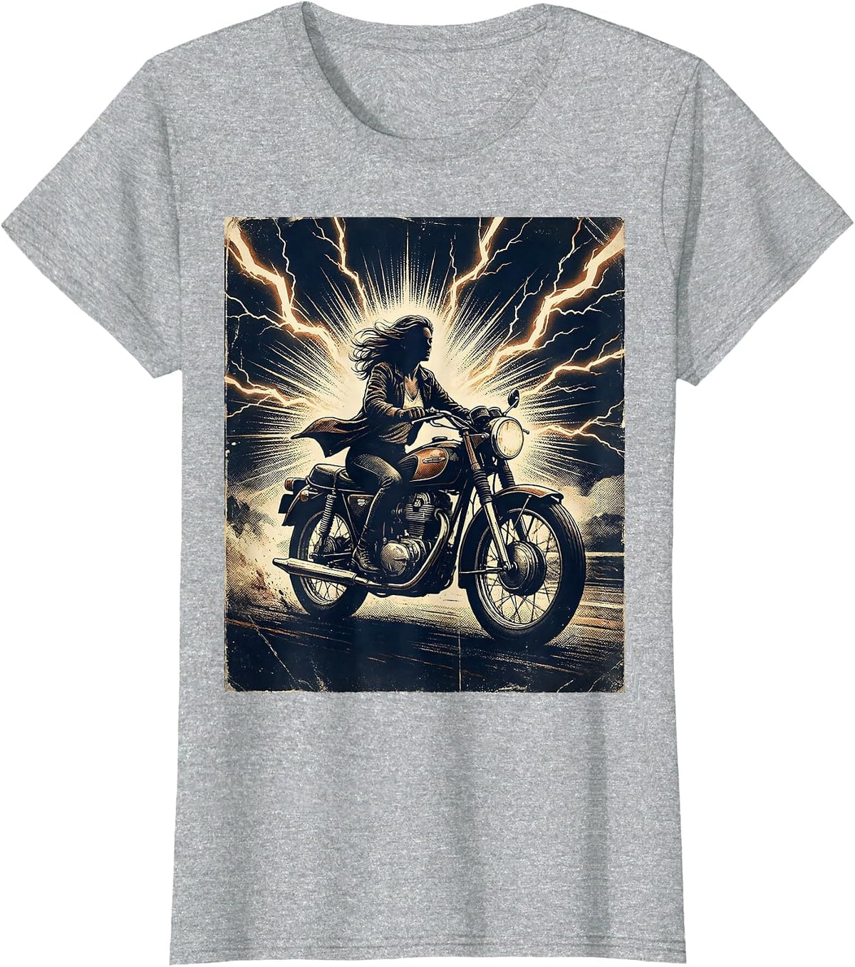 Woman Rider Storm Lightning Motorcycle Graphic T-Shirt - Heather Grey