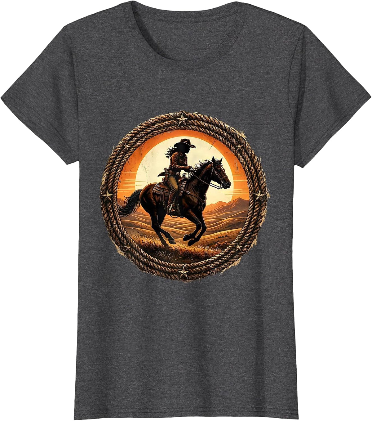 Women's Cowgirl Silhouette Riding Horse at Dusk T-Shirt - Dark Heather Grey