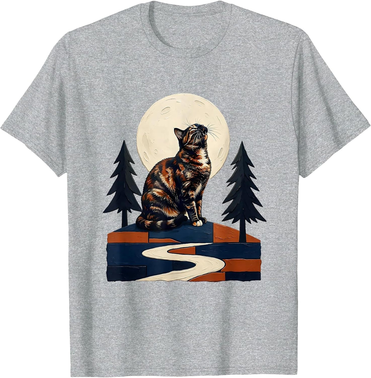 Men's Tortoiseshell Cat Howling at Moon Storybook Fantasy T-Shirt - Heather Grey
