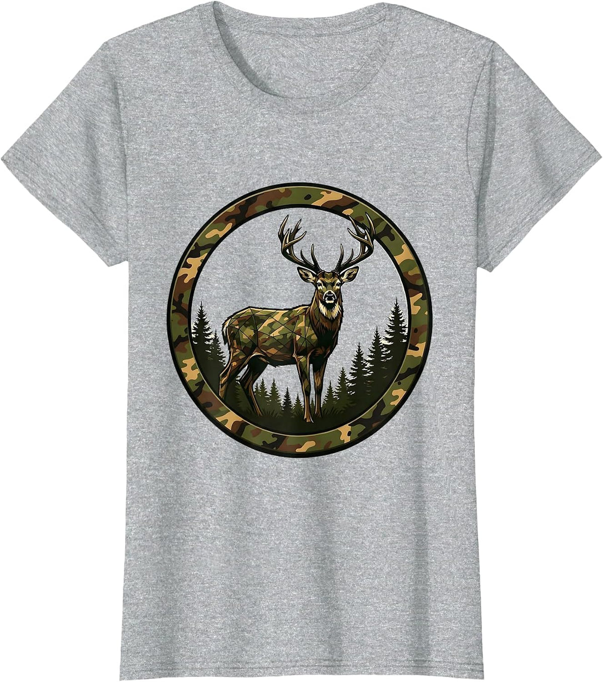 Women's Buck Deer Misty Camo Forest Hunting Graphic T-Shirt - Heather Grey