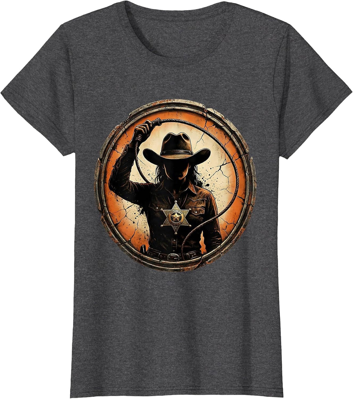 Women's Fierce Cowgirl Sheriff Star Raised Lasso Illustration T-Shirt - Dark Heather Grey