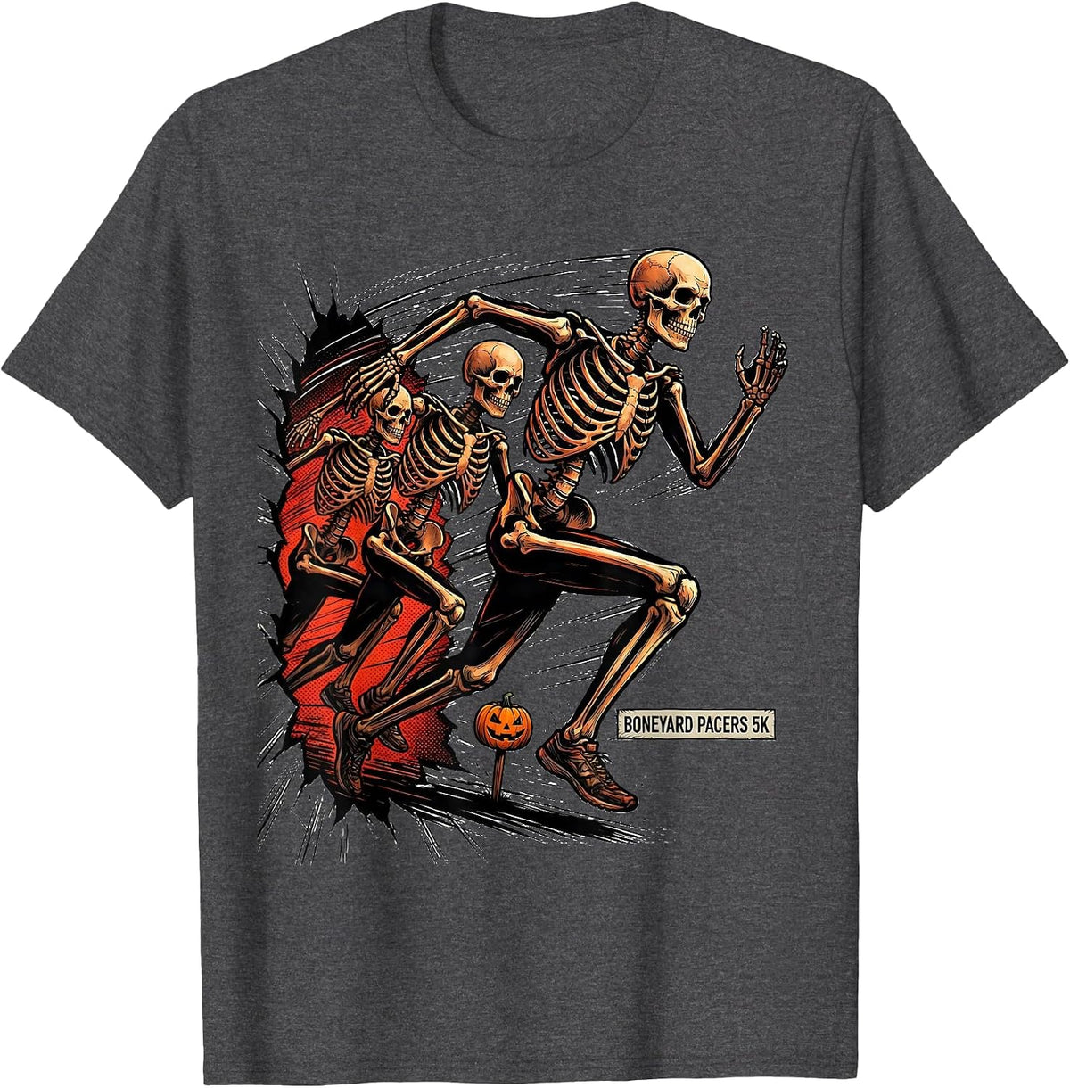 Men's Boneyard Pacers 5K Comic Book Skeleton Runner Halloween Fun T-Shirt - Dark Heather Grey