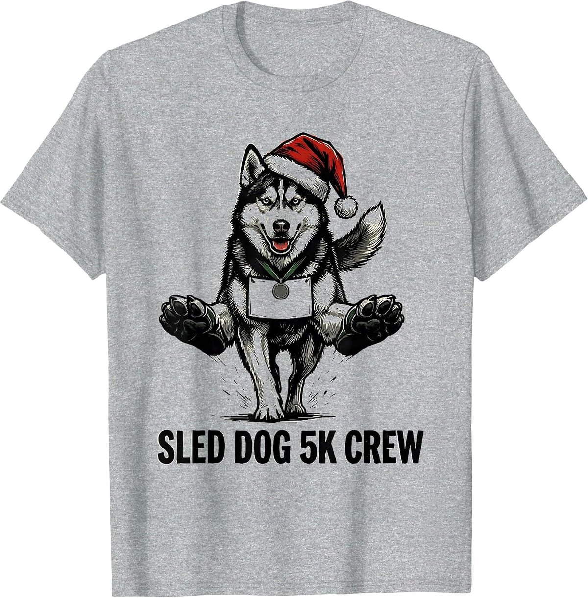 Men's Sled Dog 5K Crew Linocut Funny Christmas Run Runner Gift T-Shirt - Heather Grey