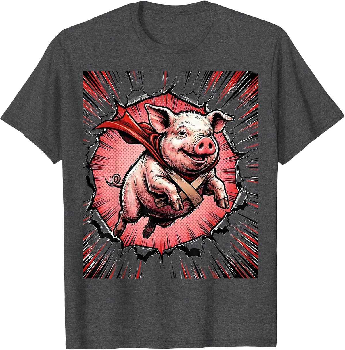 Men's Cheerful Pig Comic Book Animal Lover Novelty Humor T-Shirt - Dark Heather Grey