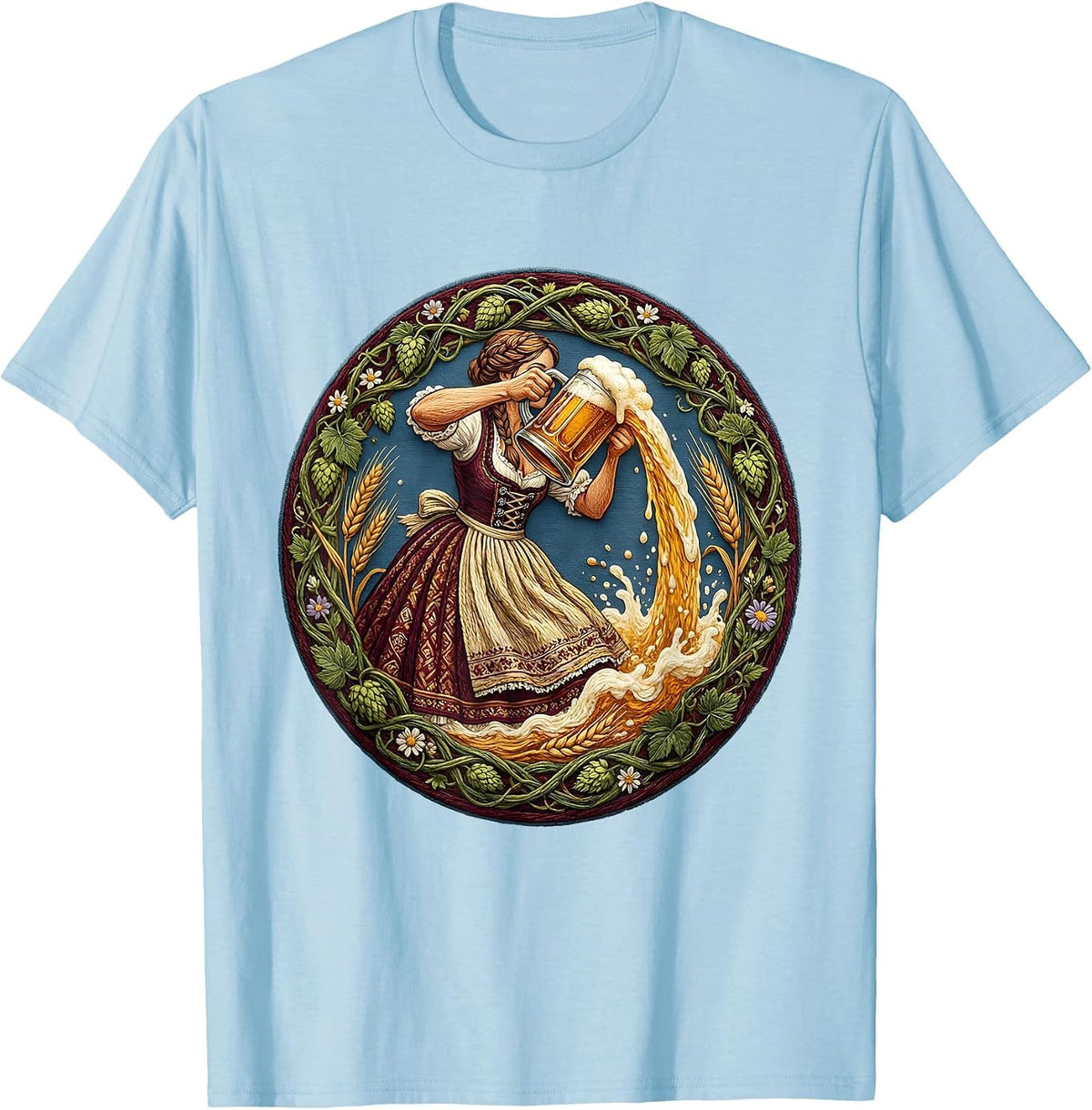 Men's Dirndl Beer Pourer Oktoberfest Illustration T-Shirt - Baby Blue