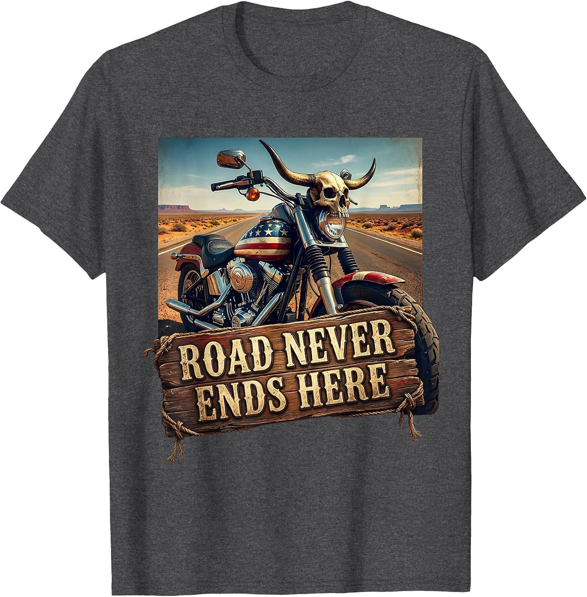 Men's Road Never Ends Here Motorcycle Rider Design T-Shirt - Dark Heather Grey