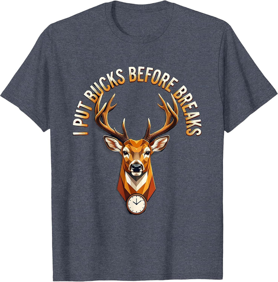 I Put Bucks Before Breaks Funny Deer Hunting Camo Hunter Dad T-Shirt - Heather Blue