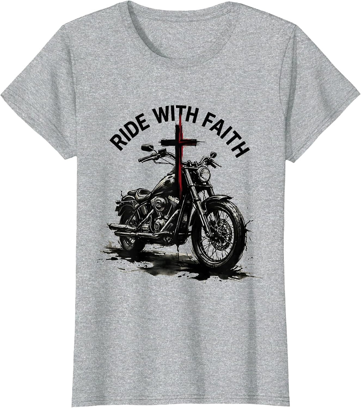 Women's Ride With Faith Motorcycle Cross Religious Design T-Shirt - Heather Grey