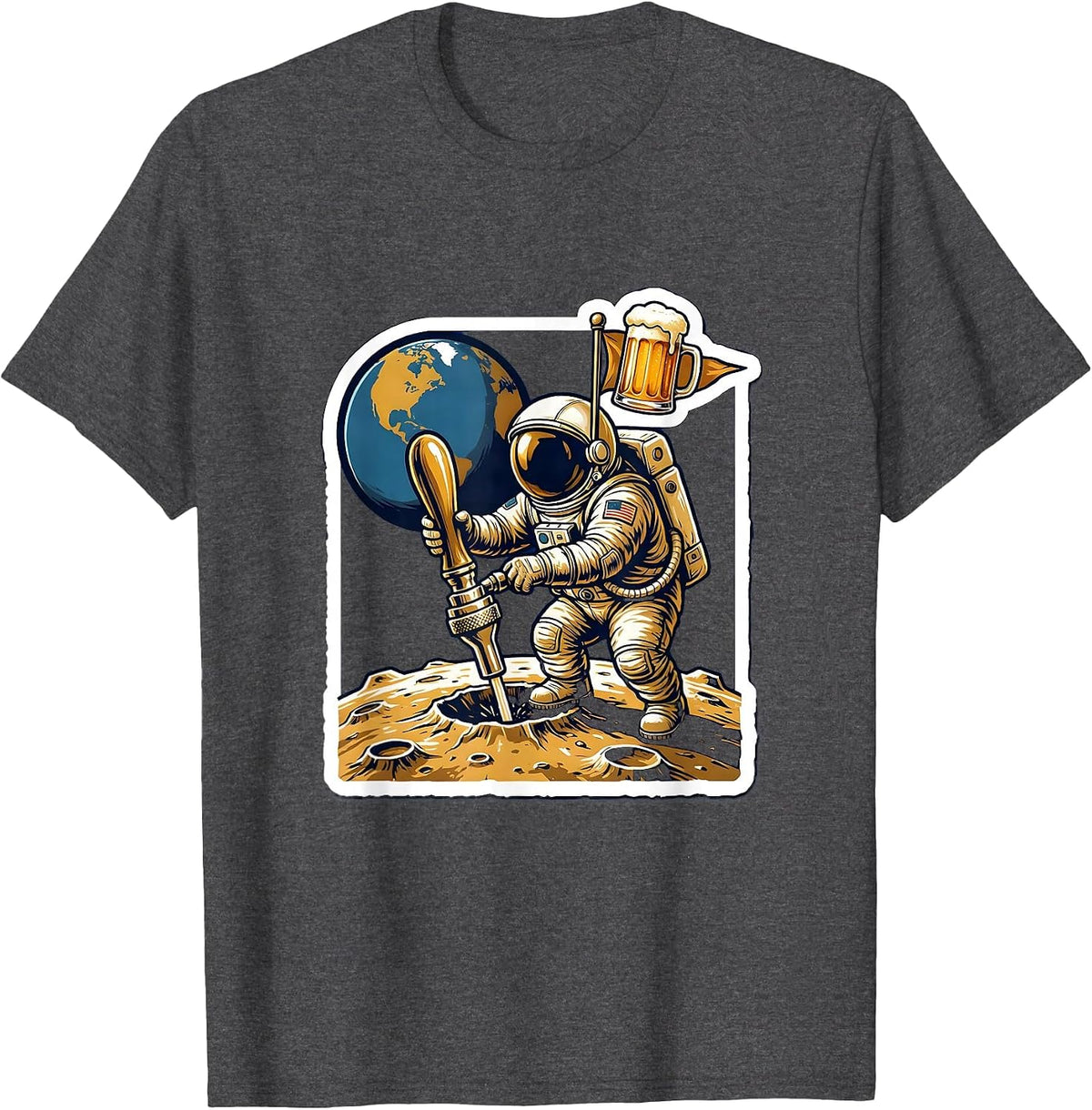 Astronaut Beer Tap Flag Moon Landing Design T-Shirt - Dark Heather Grey