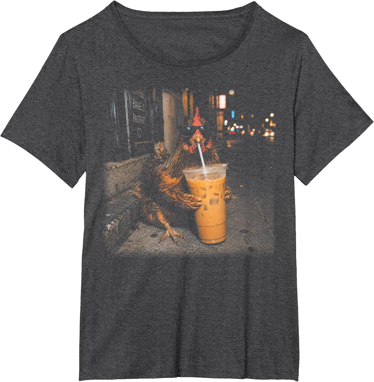 Funny Chicken Drinking Iced Coffee Cool Farm Animal Lover T-Shirt - Dark Heather Grey