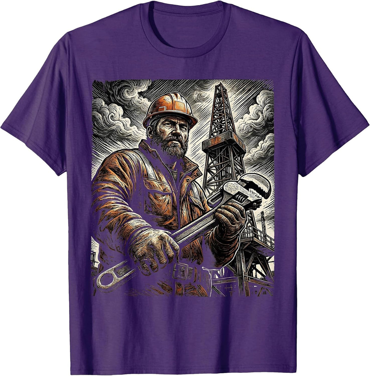 Oil Rig Worker Stormy Sky Illustration T-Shirt - Purple