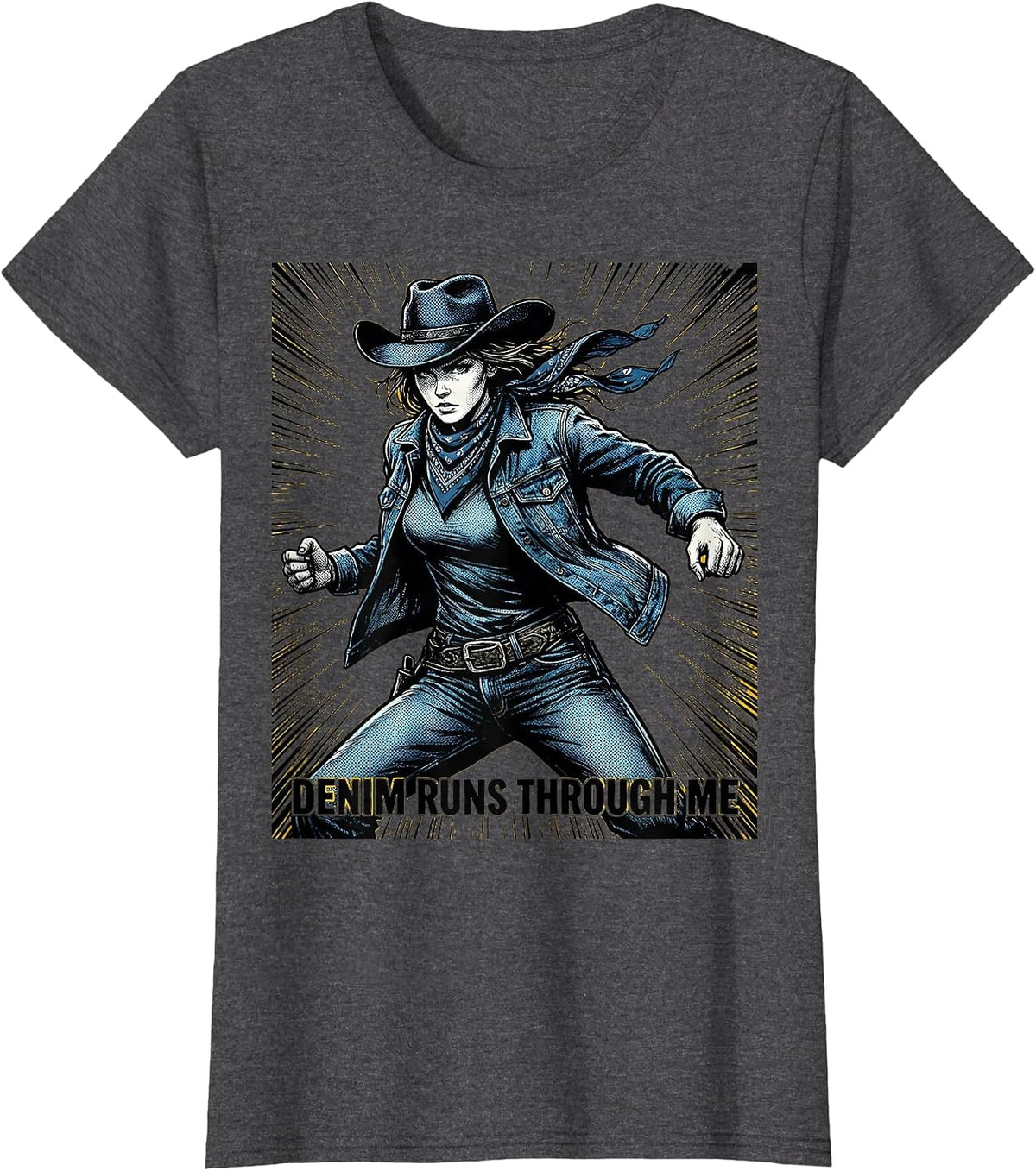 Women's Denim Runs Through Me Western Girls Design T-Shirt - Dark Heather Grey