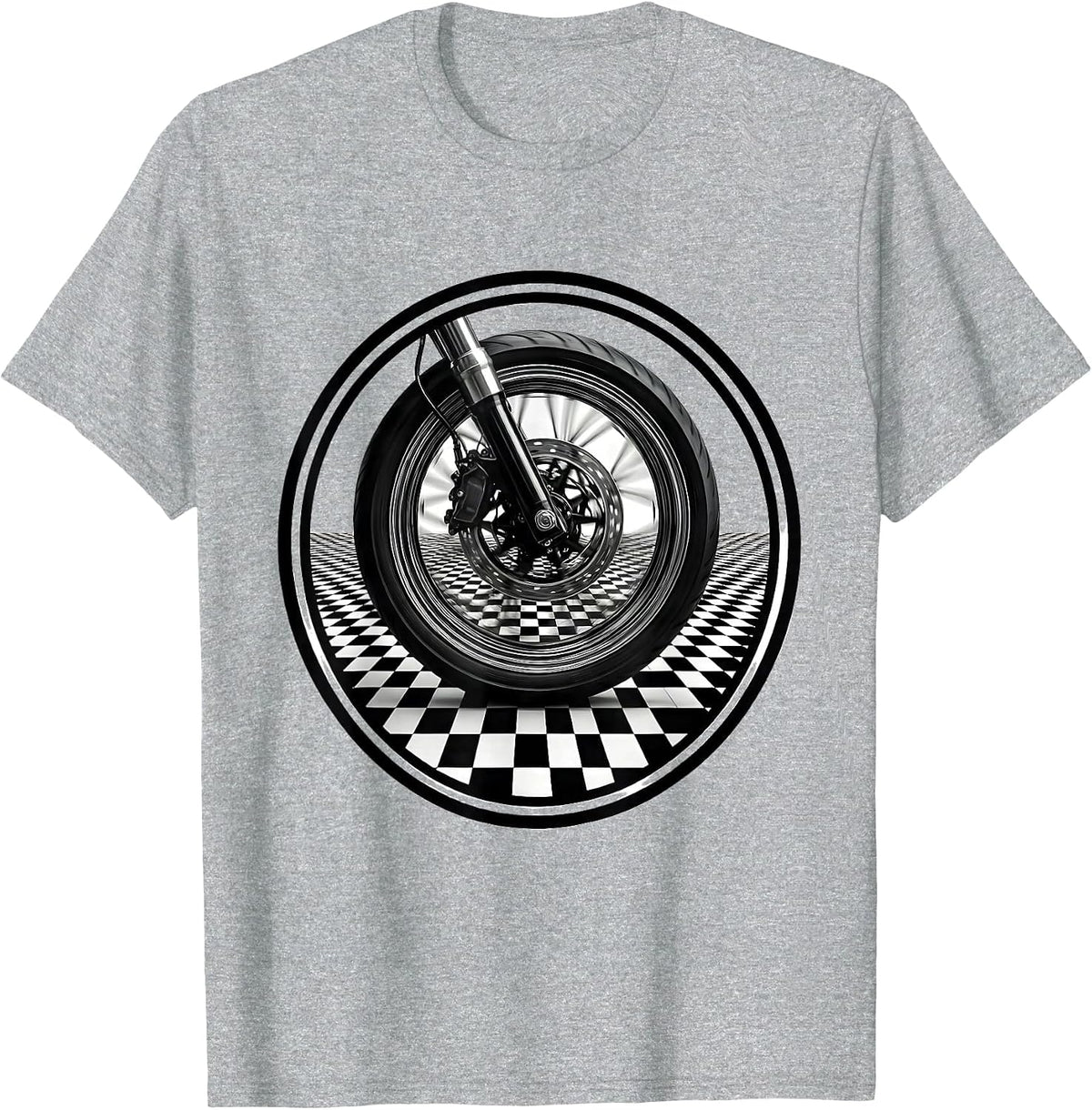Men's Motorcycle Wheel Black White Checkered Graphic T-Shirt - Heather Grey