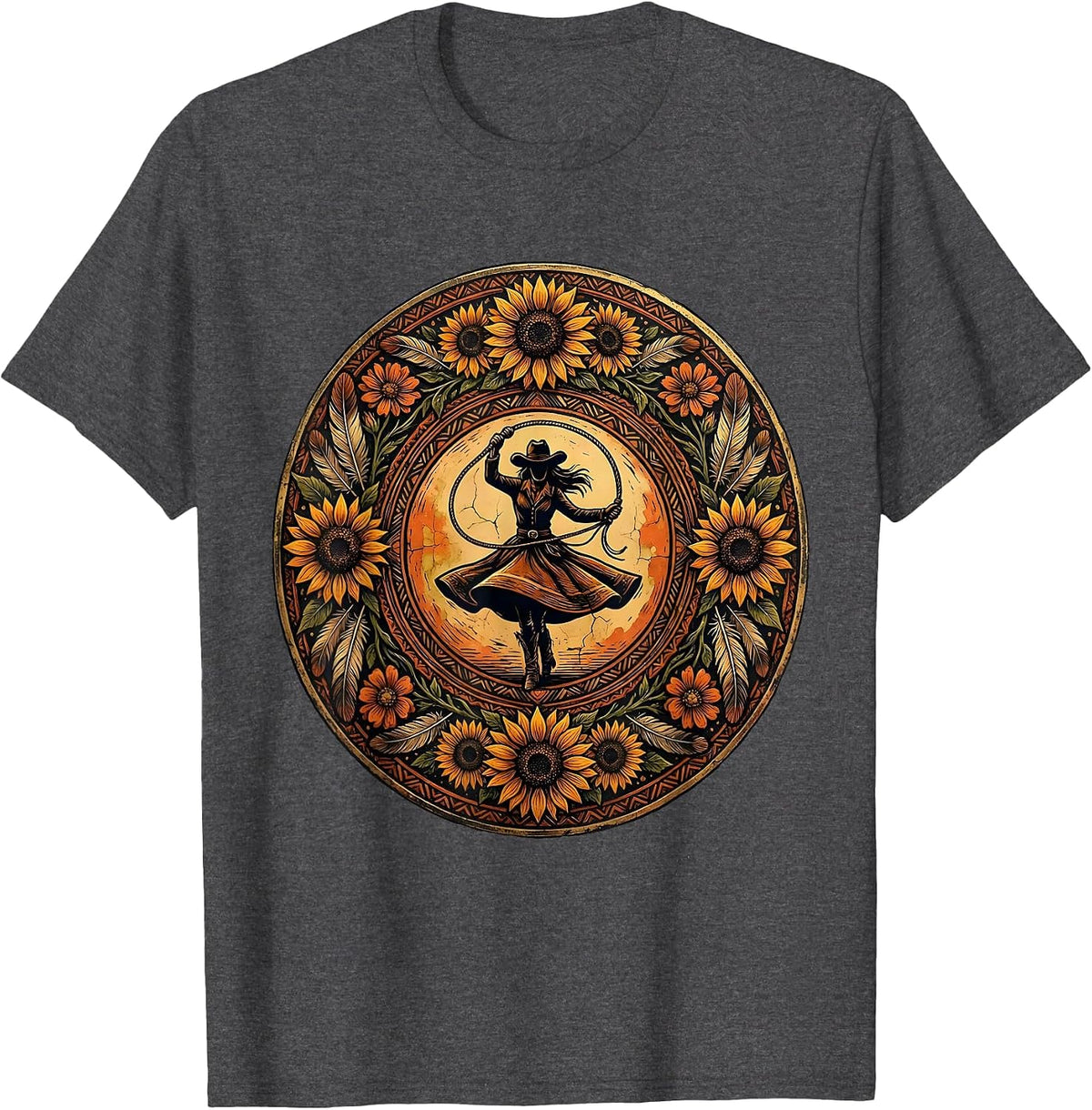 Men's White Cowgirl Twirling Lasso at Sunset T-Shirt - Dark Heather Grey