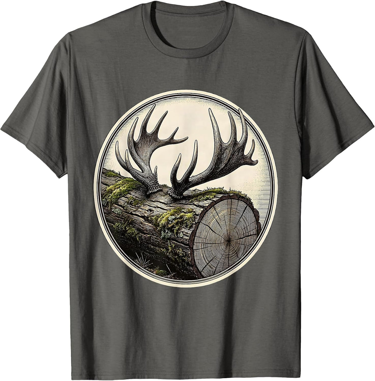 Men's Antler Shed on Mossy Log Hunting Illustration T-Shirt - Asphalt Grey
