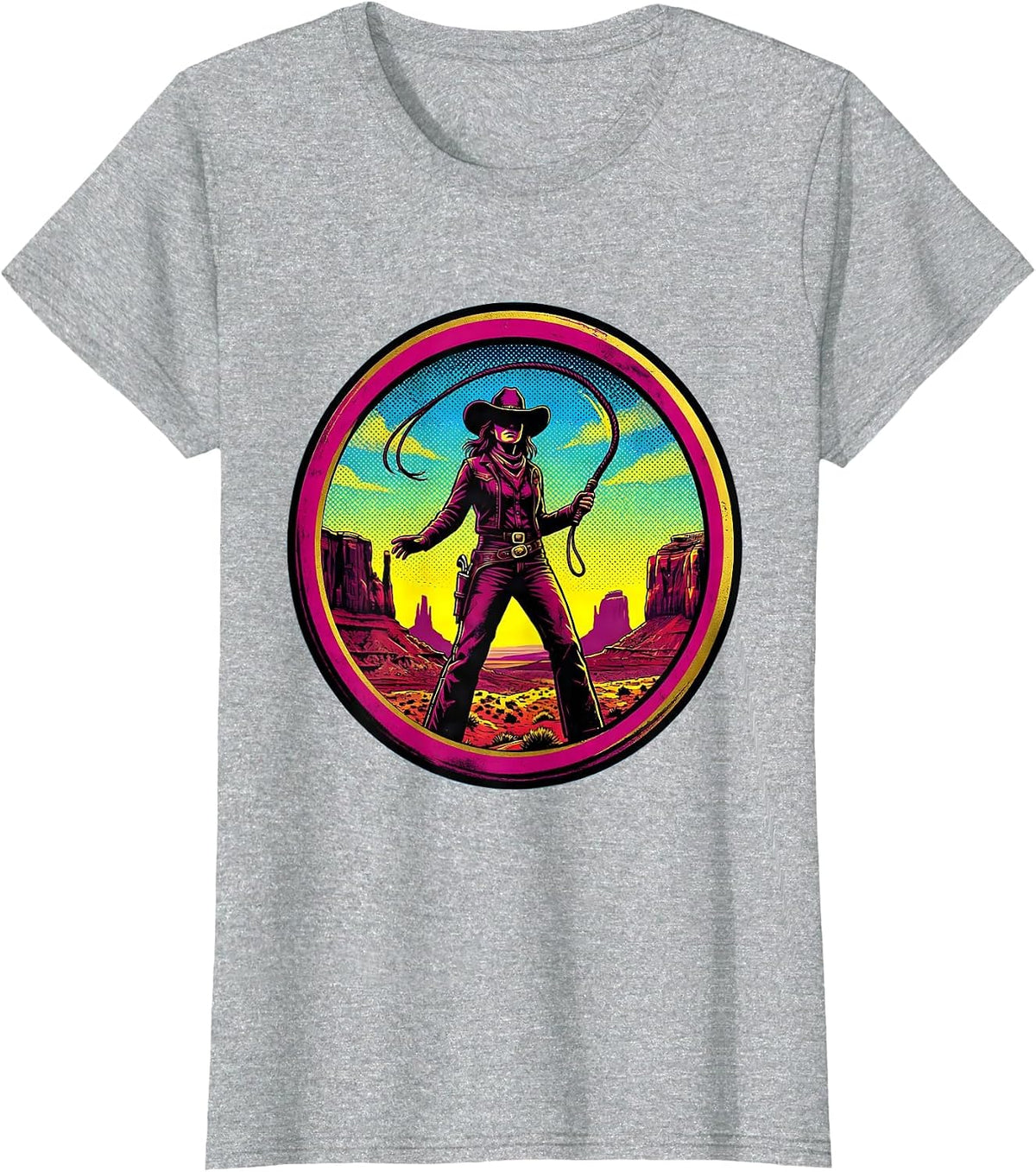 Cowgirl With Whip Wild Western Backdrop Design T-Shirt - Heather Grey