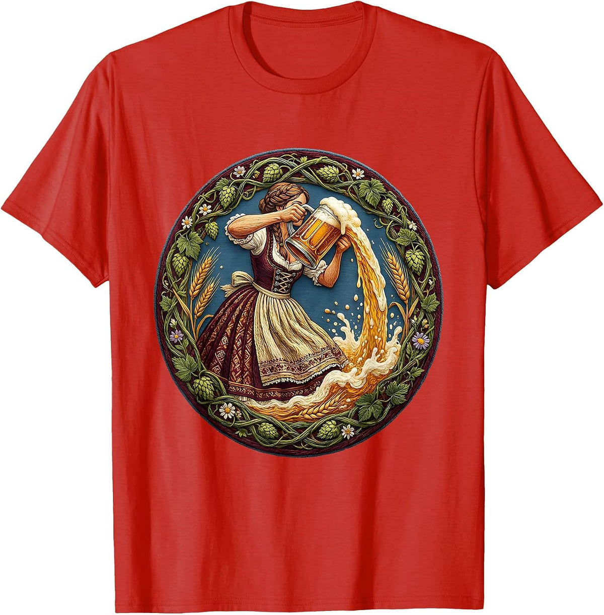 Men's Dirndl Beer Pourer Oktoberfest Illustration T-Shirt - Red