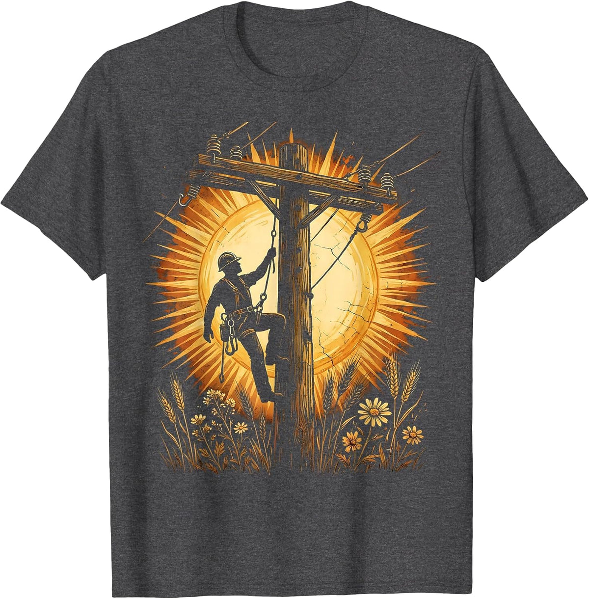 Lineman Climbing Electrical Pole Labor Day T-Shirt - Dark Heather Grey