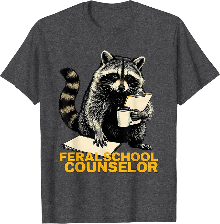 Men's Feral School Counselor Funny Teacher Raccoon Back to School T-Shirt - Dark Heather Grey