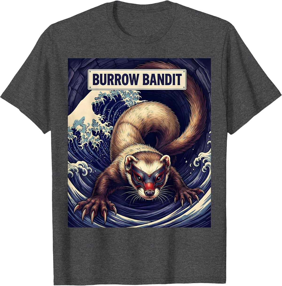 Burrow Bandit Ukiyo-e Ferret Lover Funny Pet Humor T-Shirt - Dark Heather Grey