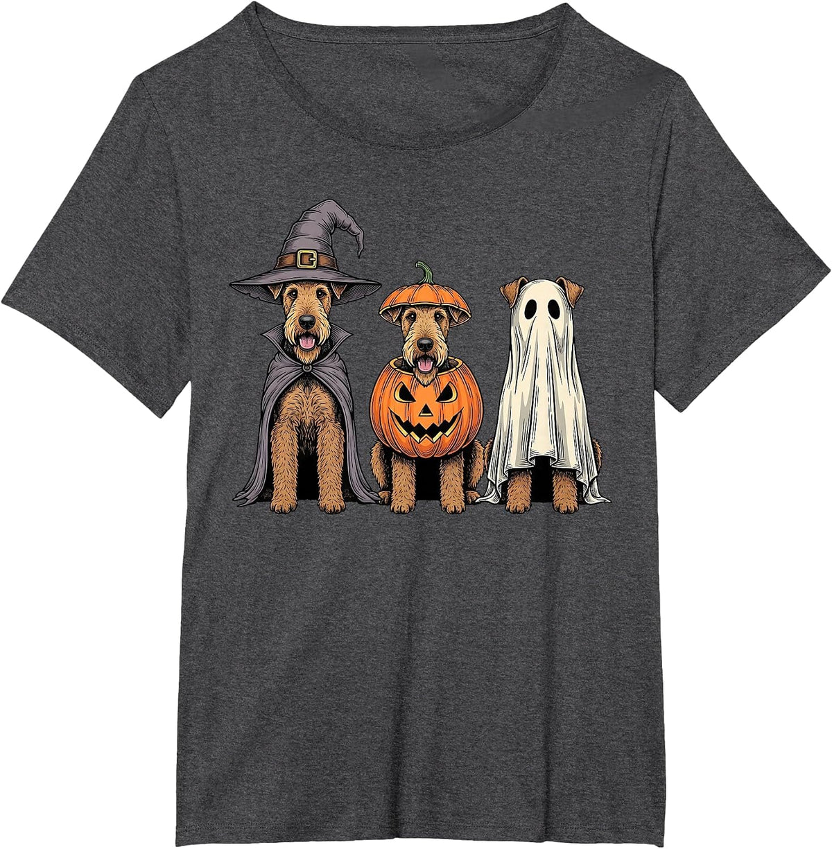 Spooky Ghost Airedale Terrier Pumpkin Halloween Dog Lover T-Shirt - Dark Heather Grey