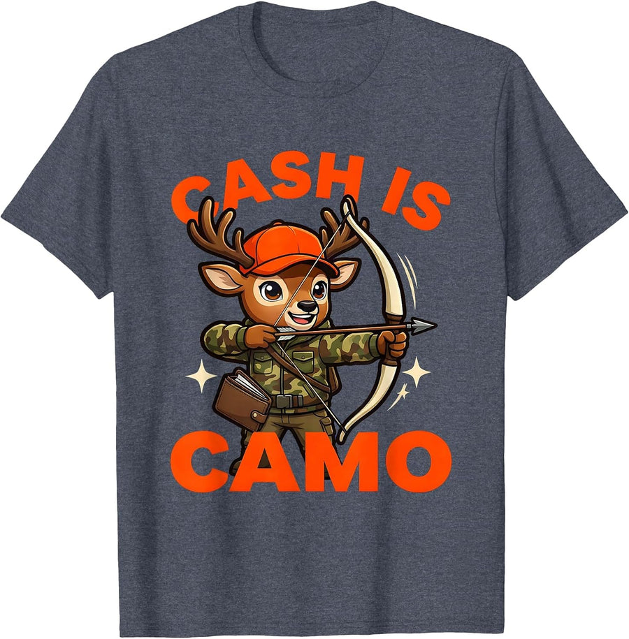 CASH IS CAMO Funny Deer Hunter Hunting Humor Deer Camp T-Shirt - Heather Blue