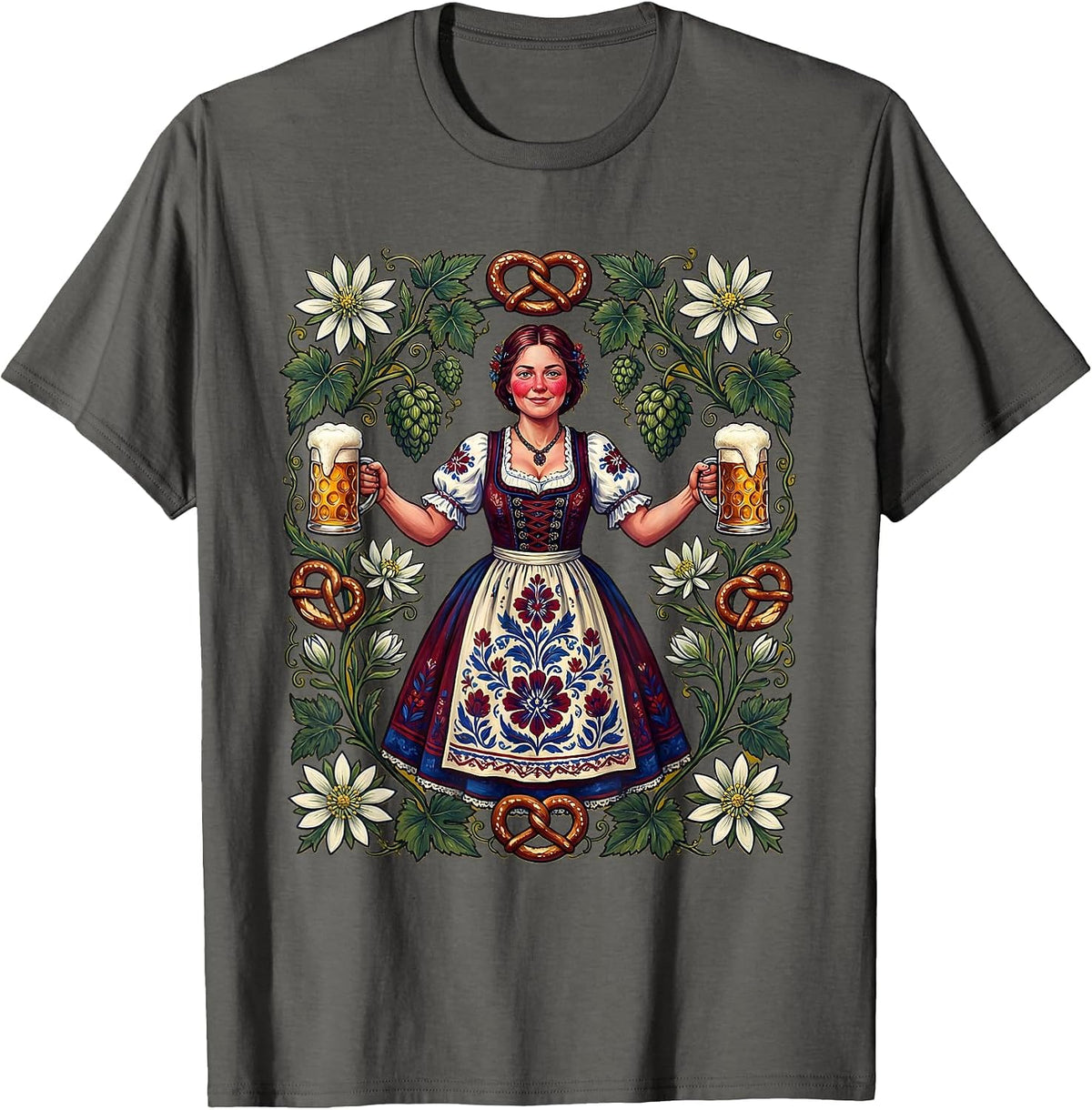 Men's Bavarian Beer Maiden Oktoberfest Illustration T-Shirt - Asphalt Grey