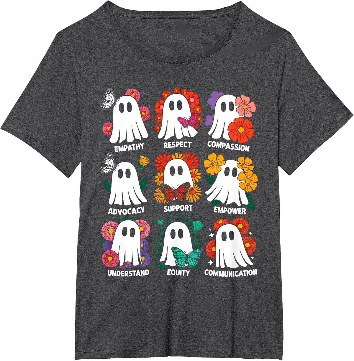 Cute Ghost Floral Social Worker Halloween Retro Social Work T-Shirt - Dark Heather Grey
