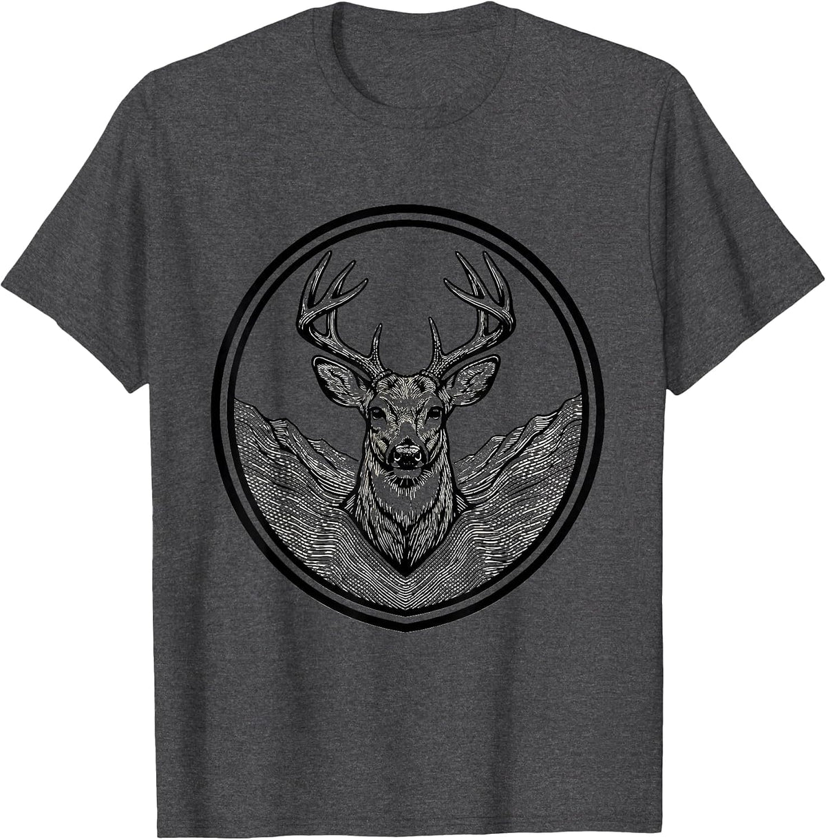 Men's Shield Buck Antlers Line Art Hunting Dad Gift T-Shirt - Dark Heather Grey